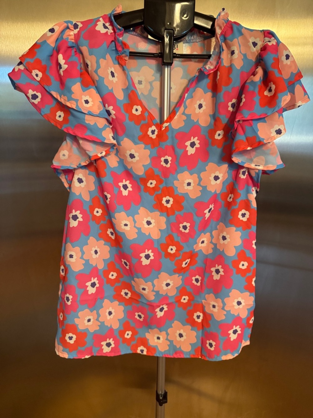 NWOT BiBi Floral Ruffle V-Neck Top - Blue/Pink/Coral